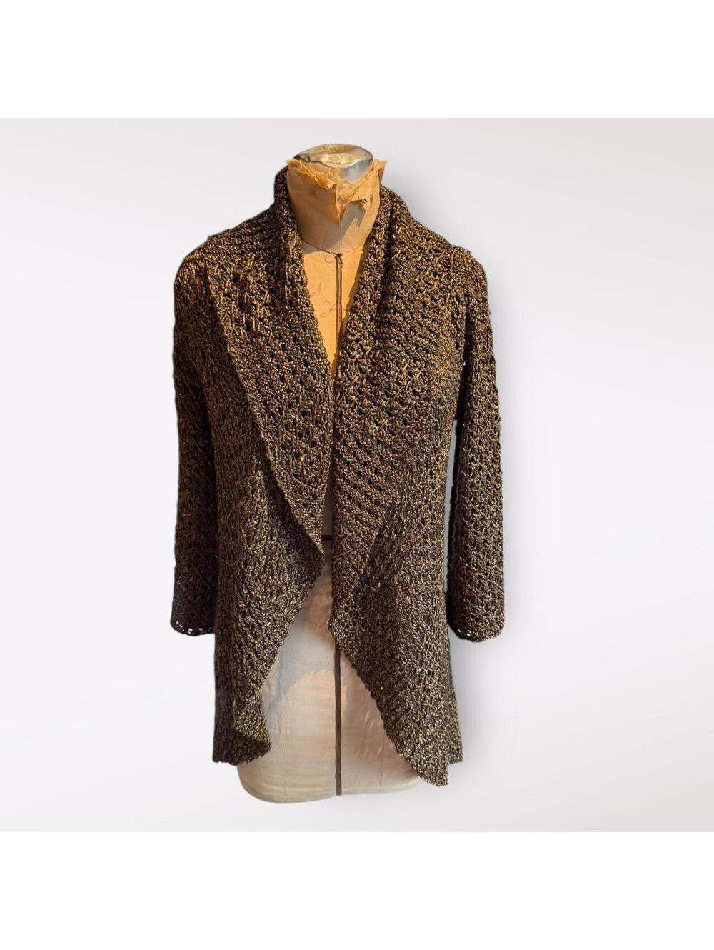 JANA Brown Crochet Open Front Cardigan Sweater